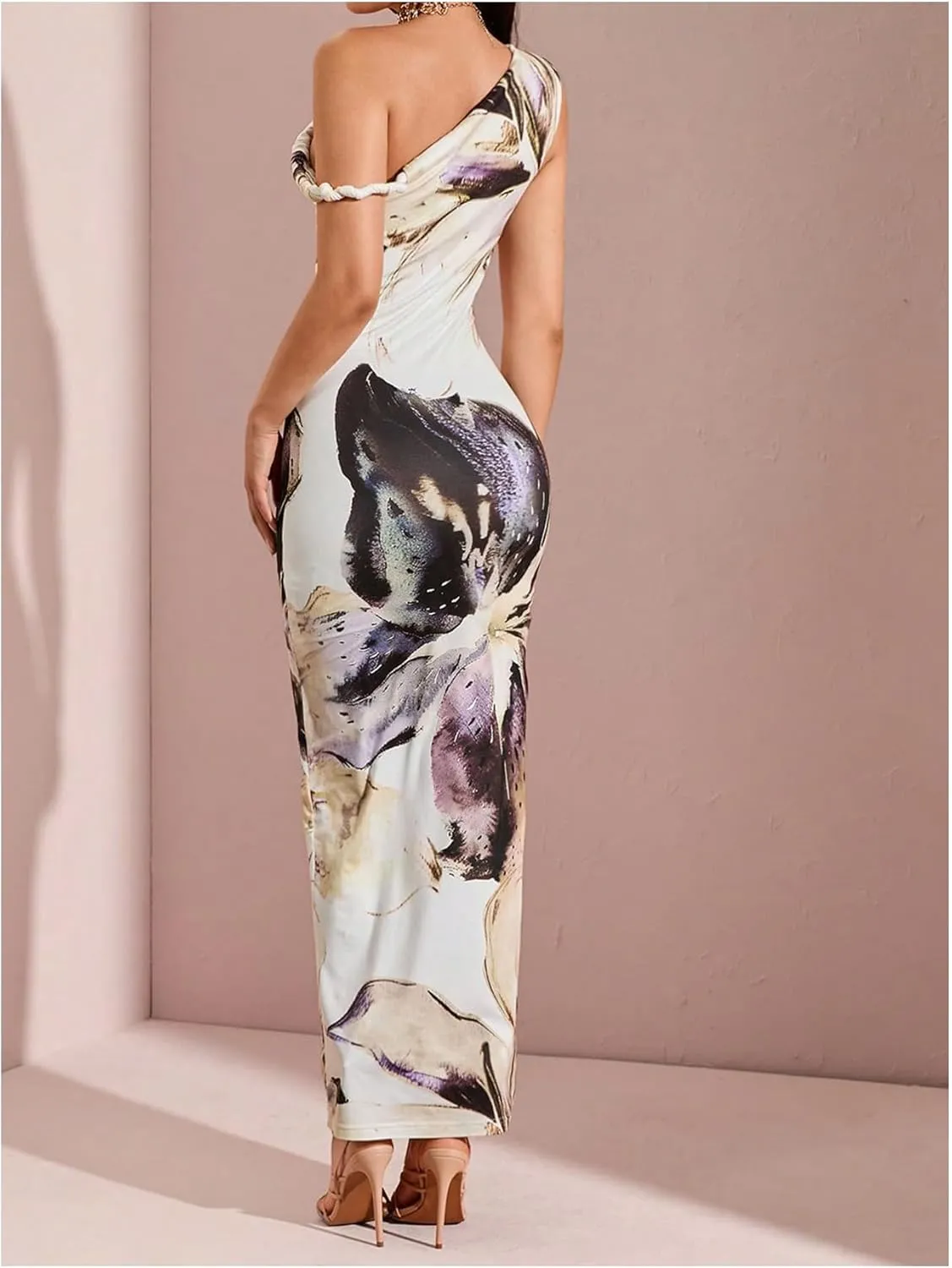 GORGLITTER Women's Long Floral Dress Asymmetrical One Shoulder Sleeveless Bodycon Maxi Dress