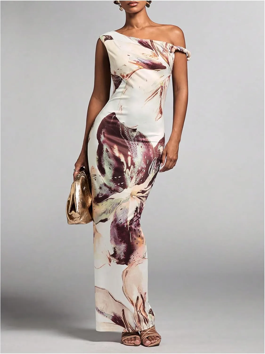 GORGLITTER Women's Long Floral Dress Asymmetrical One Shoulder Sleeveless Bodycon Maxi Dress