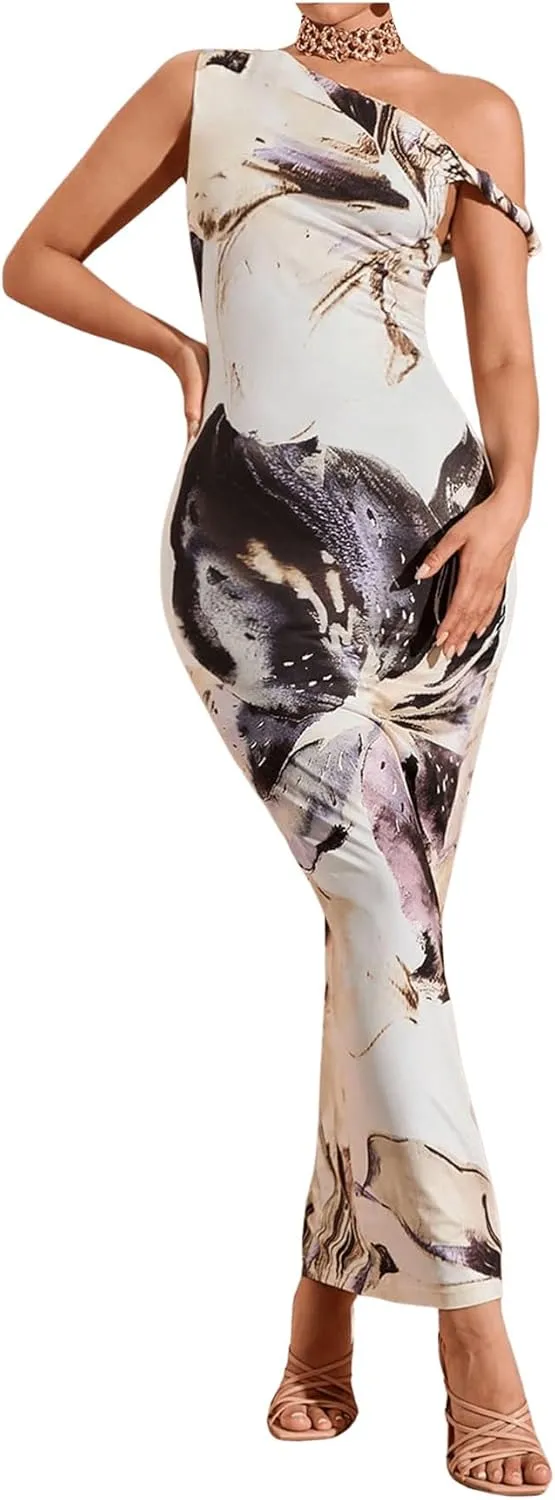 GORGLITTER Women's Long Floral Dress Asymmetrical One Shoulder Sleeveless Bodycon Maxi Dress