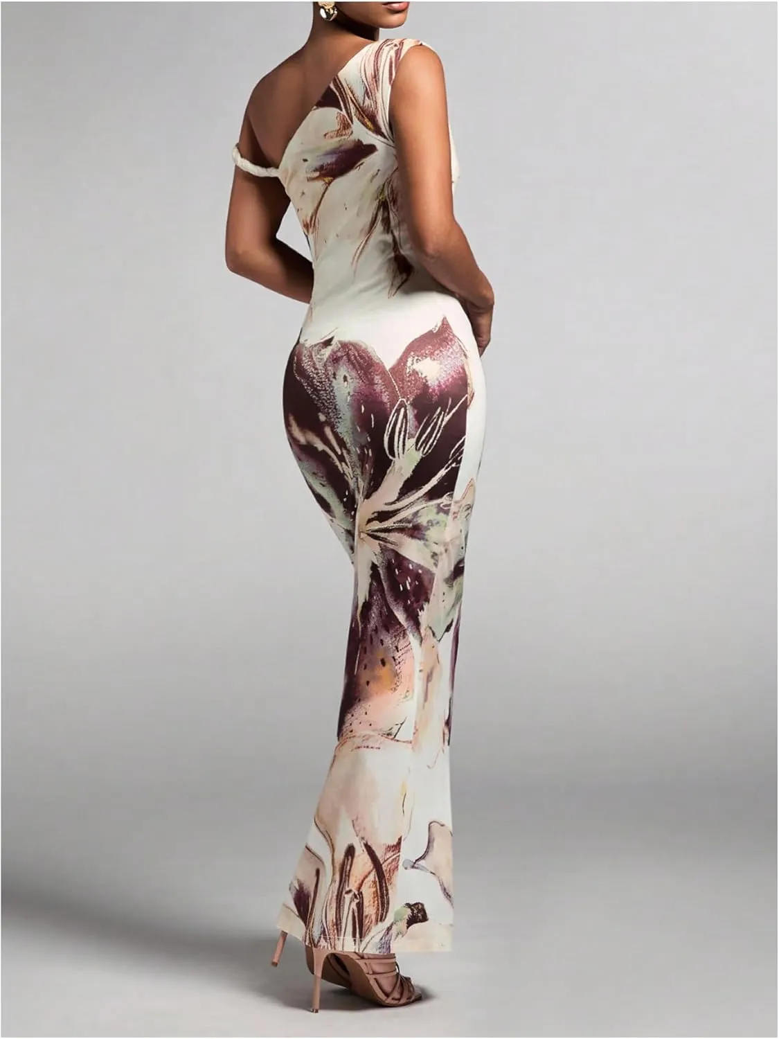 GORGLITTER Women's Long Floral Dress Asymmetrical One Shoulder Sleeveless Bodycon Maxi Dress