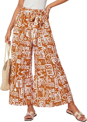 GRACE KARIN Women's 2025 Summer Wide Leg Palazzo Pants Elastic High Waisted Boho Casual Flowy Beach Pants with Pockets