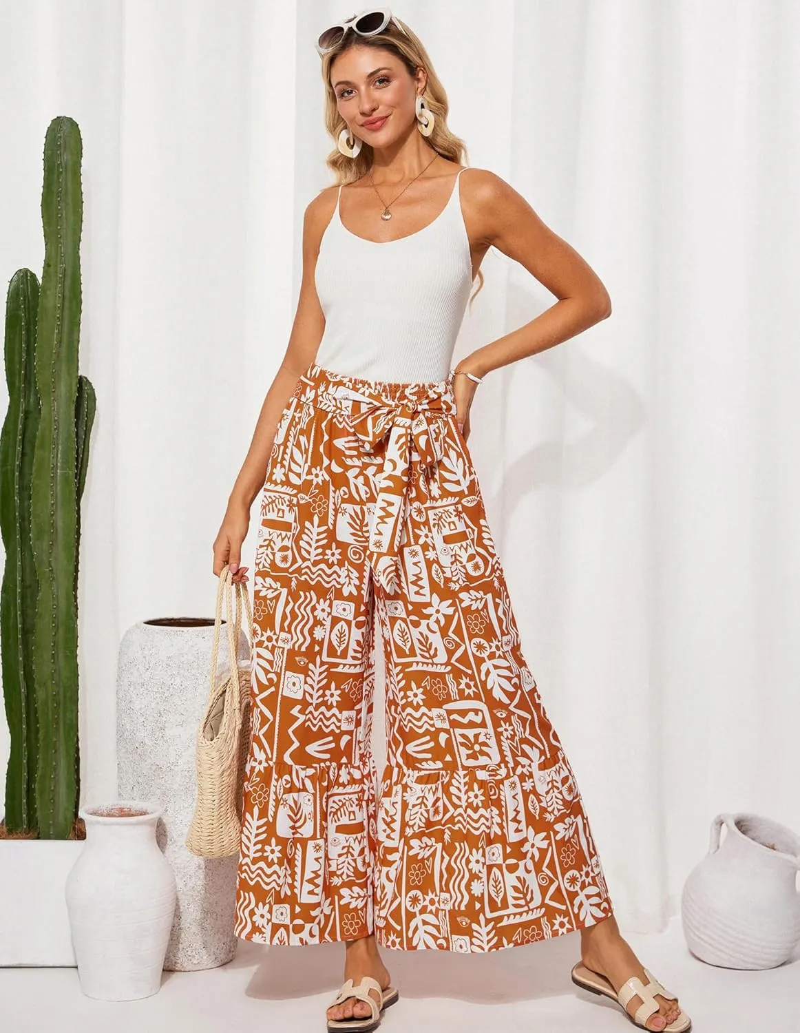 GRACE KARIN Women's 2025 Summer Wide Leg Palazzo Pants Elastic High Waisted Boho Casual Flowy Beach Pants with Pockets