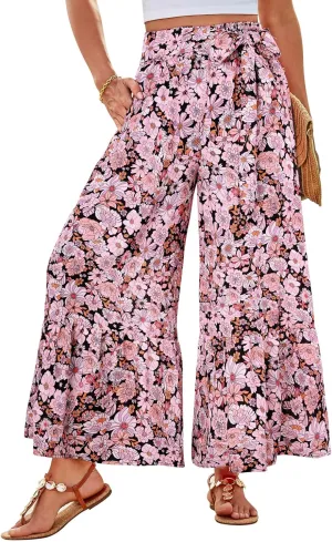 GRACE KARIN Women's 2025 Summer Wide Leg Palazzo Pants Elastic High Waisted Boho Casual Flowy Beach Pants with Pockets