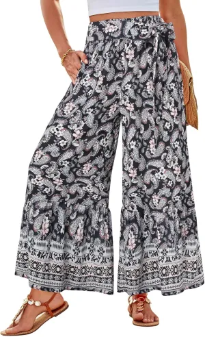 GRACE KARIN Women's 2025 Summer Wide Leg Palazzo Pants Elastic High Waisted Boho Casual Flowy Beach Pants with Pockets