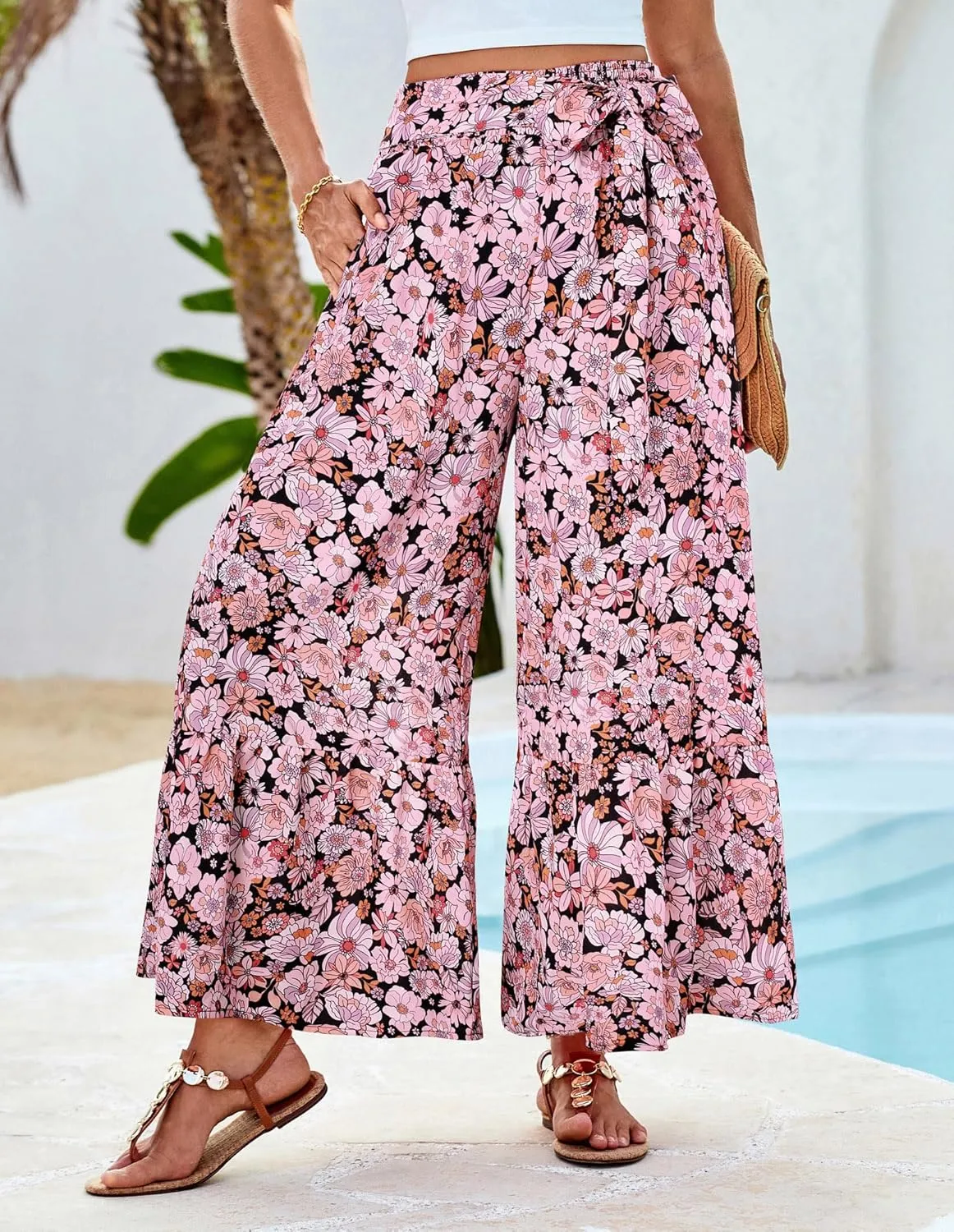 GRACE KARIN Women's 2025 Summer Wide Leg Palazzo Pants Elastic High Waisted Boho Casual Flowy Beach Pants with Pockets