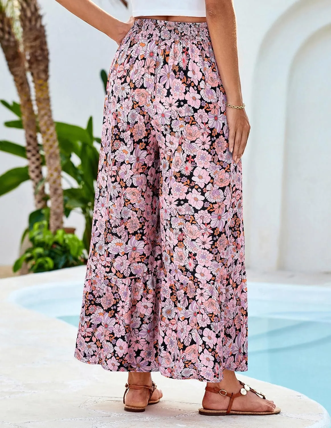 GRACE KARIN Women's 2025 Summer Wide Leg Palazzo Pants Elastic High Waisted Boho Casual Flowy Beach Pants with Pockets