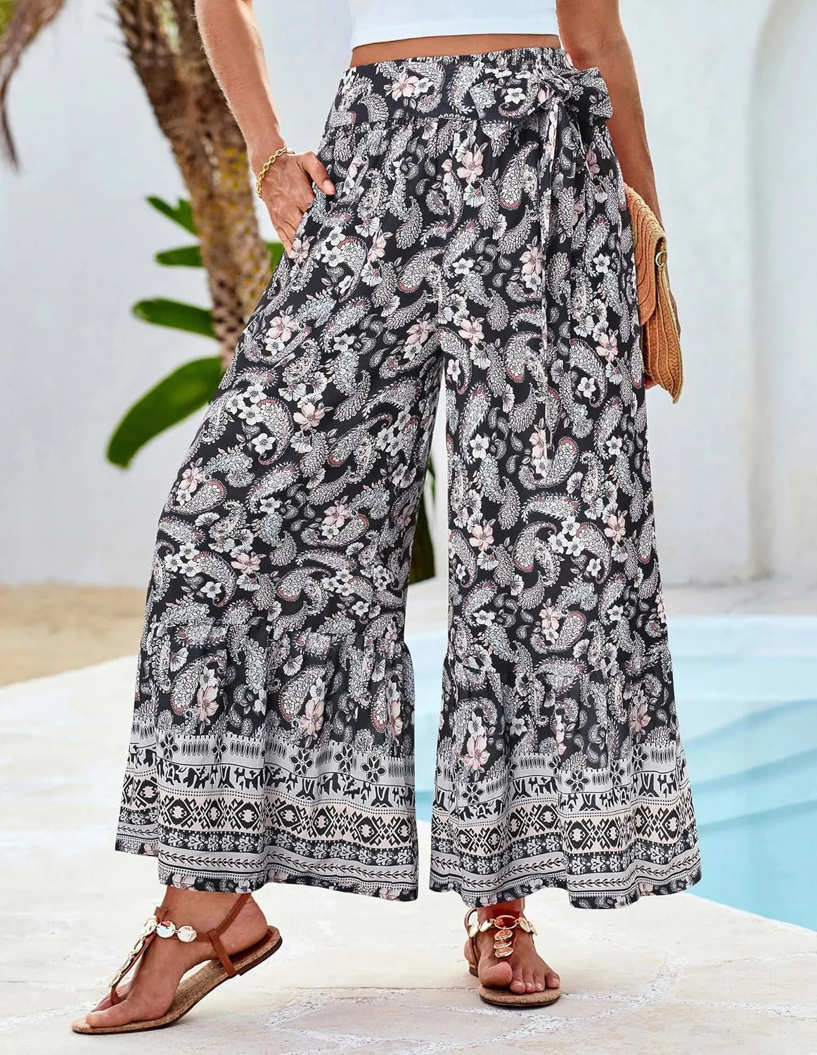 GRACE KARIN Women's 2025 Summer Wide Leg Palazzo Pants Elastic High Waisted Boho Casual Flowy Beach Pants with Pockets