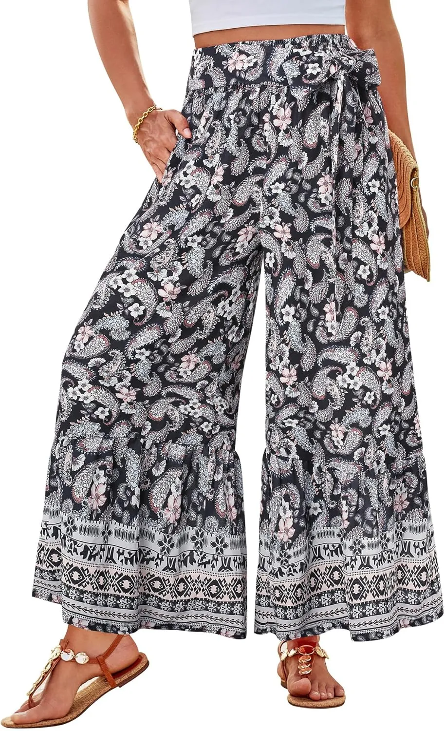 GRACE KARIN Women's 2025 Summer Wide Leg Palazzo Pants Elastic High Waisted Boho Casual Flowy Beach Pants with Pockets
