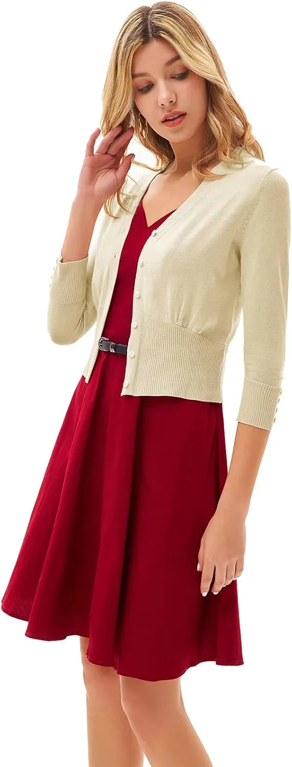 GRACE KARIN Women's Cropped Cardigan V-Neck Button Down Open Front Ribbed Knit Shrug Sweater
