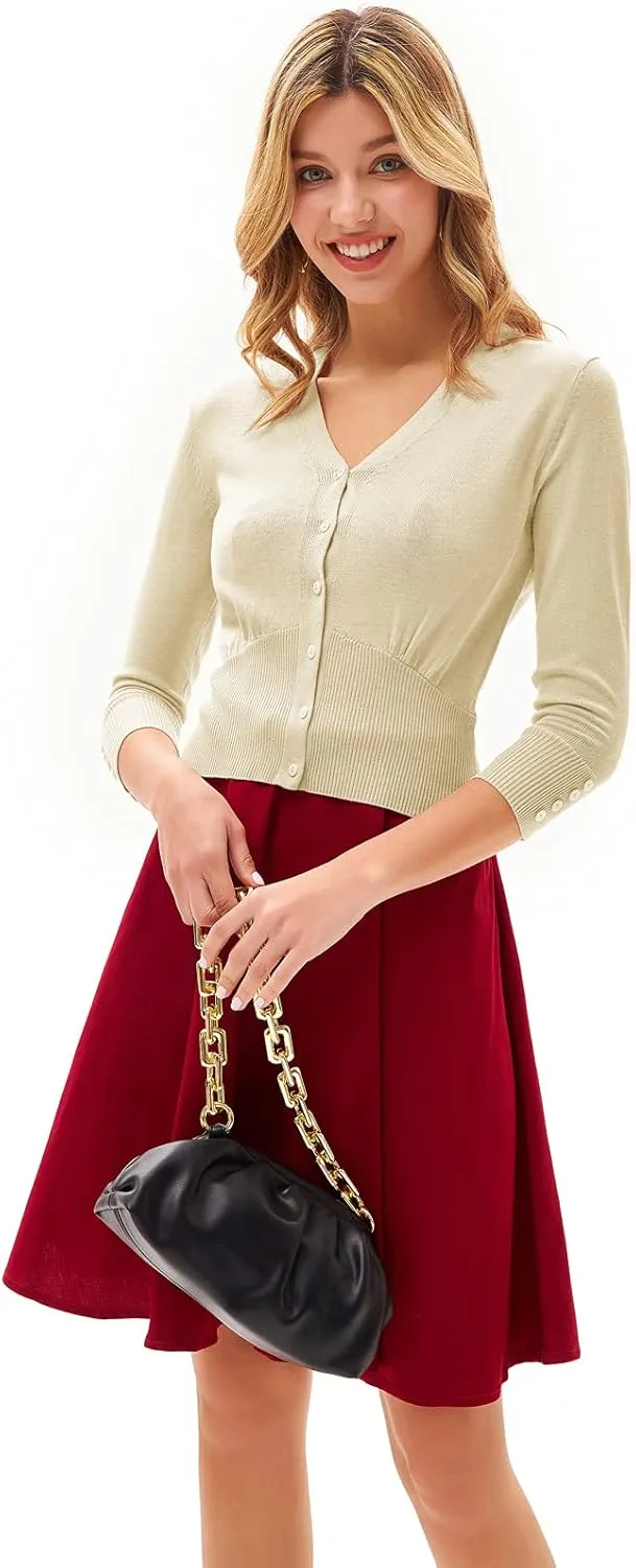 GRACE KARIN Women's Cropped Cardigan V-Neck Button Down Open Front Ribbed Knit Shrug Sweater