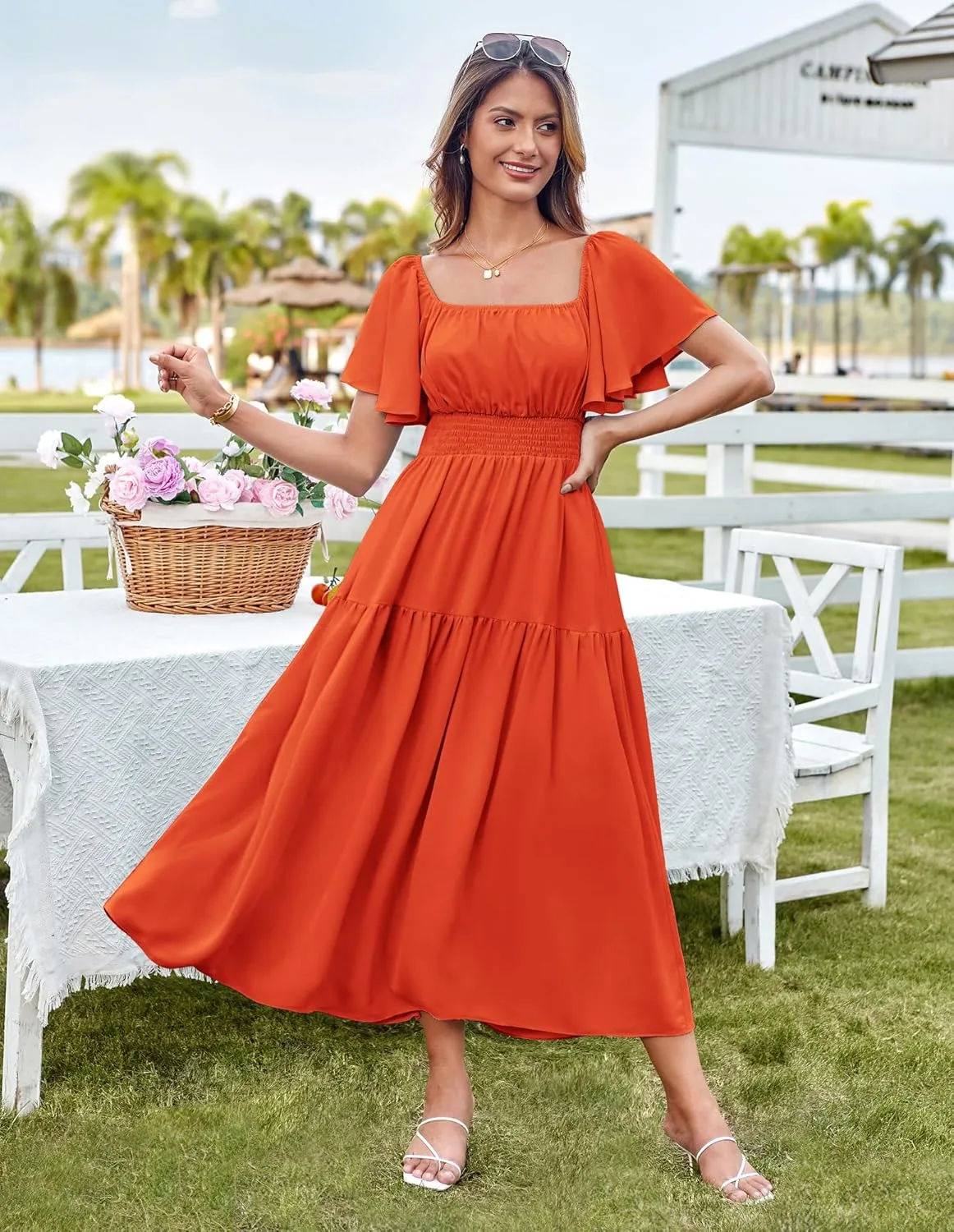 GRACE KARIN Women's Summer Short Sleeve Square Neck Smocked Waist Casual Vacation Tiered Flowy Maxi Dress