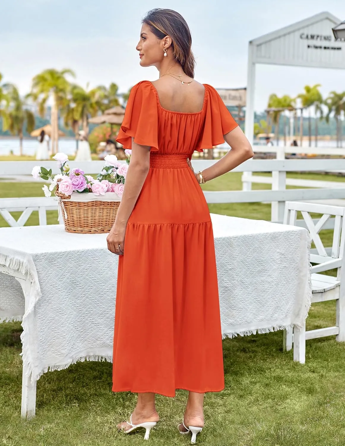 GRACE KARIN Women's Summer Short Sleeve Square Neck Smocked Waist Casual Vacation Tiered Flowy Maxi Dress