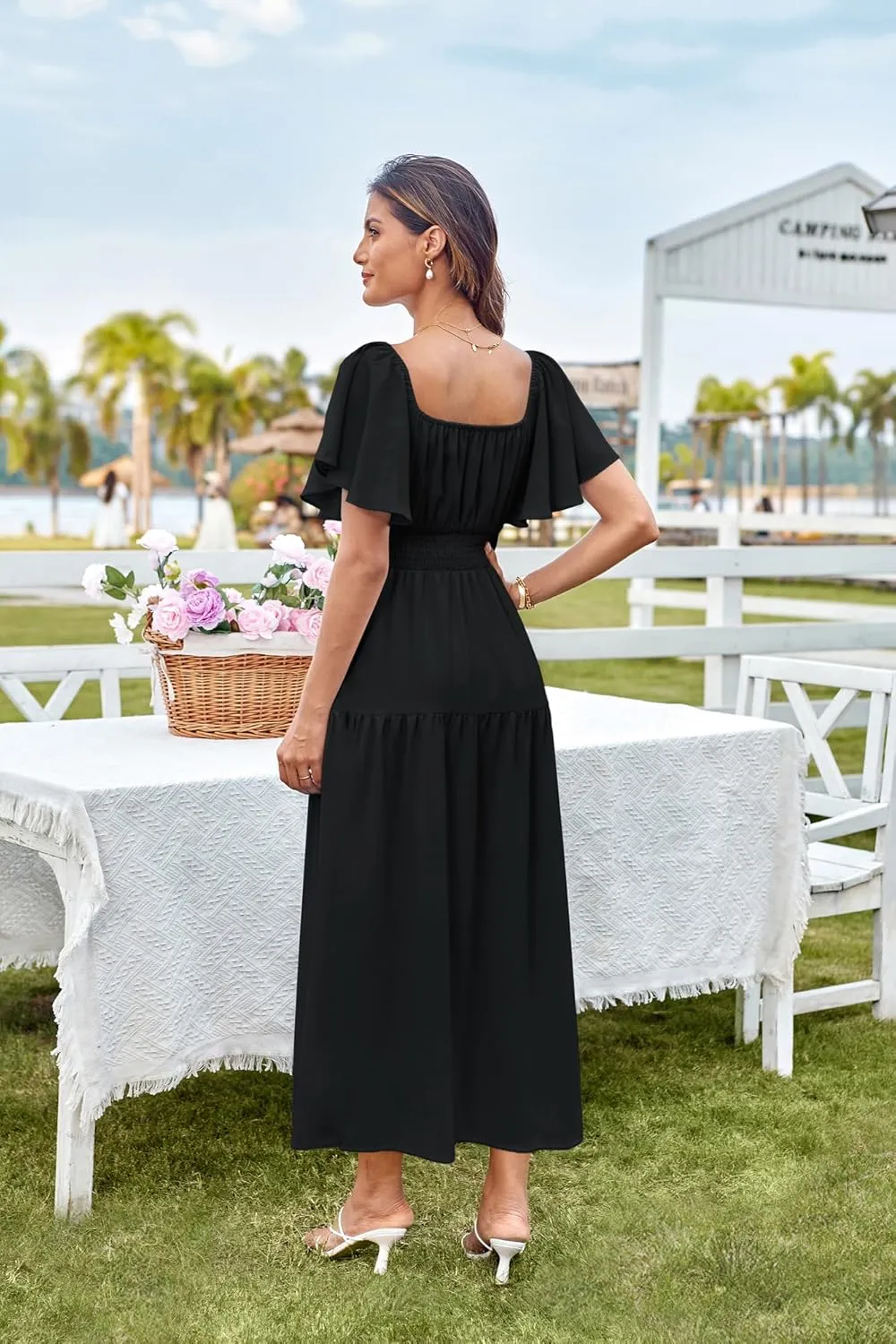 GRACE KARIN Women's Summer Short Sleeve Square Neck Smocked Waist Casual Vacation Tiered Flowy Maxi Dress
