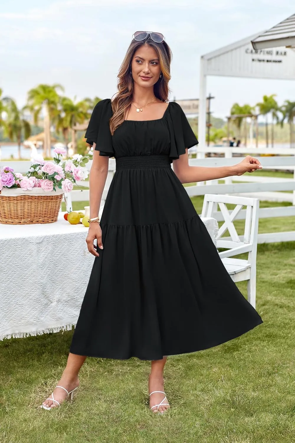 GRACE KARIN Women's Summer Short Sleeve Square Neck Smocked Waist Casual Vacation Tiered Flowy Maxi Dress