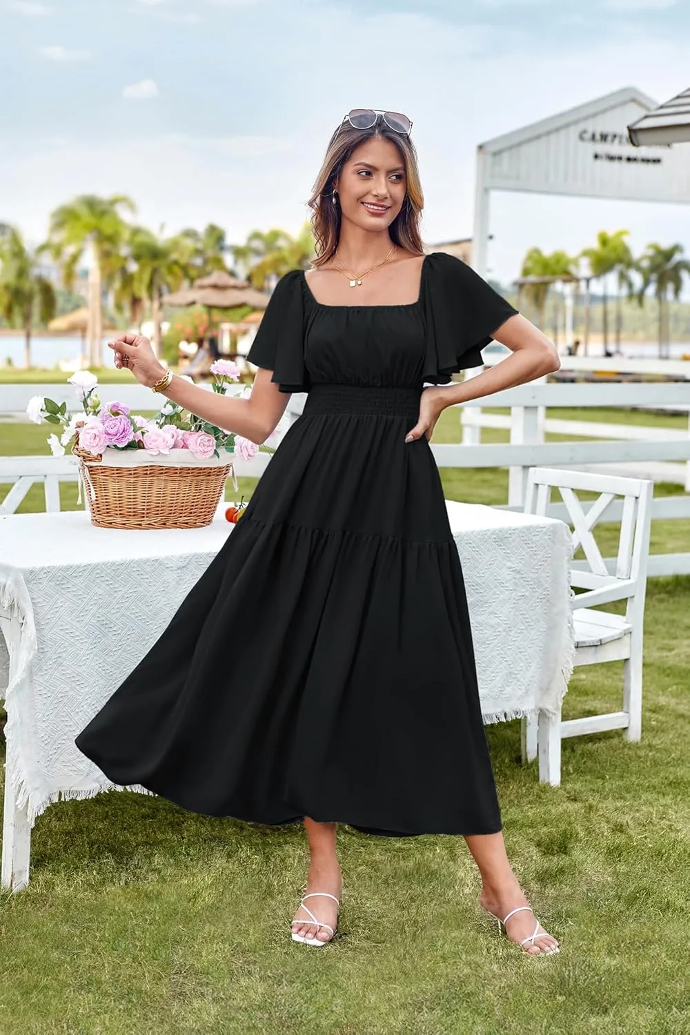 GRACE KARIN Women's Summer Short Sleeve Square Neck Smocked Waist Casual Vacation Tiered Flowy Maxi Dress
