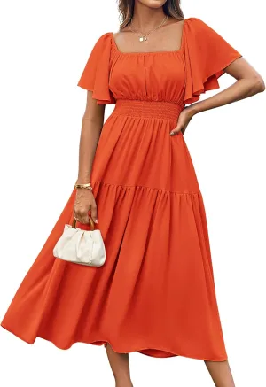 GRACE KARIN Women's Summer Short Sleeve Square Neck Smocked Waist Casual Vacation Tiered Flowy Maxi Dress