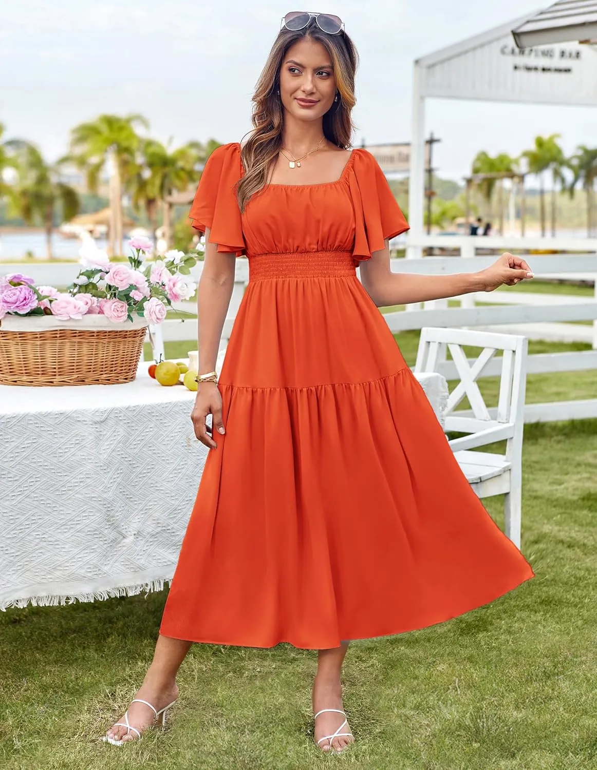 GRACE KARIN Women's Summer Short Sleeve Square Neck Smocked Waist Casual Vacation Tiered Flowy Maxi Dress