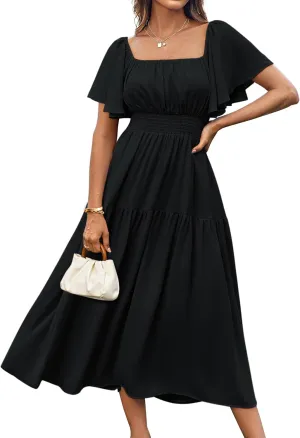 GRACE KARIN Women's Summer Short Sleeve Square Neck Smocked Waist Casual Vacation Tiered Flowy Maxi Dress