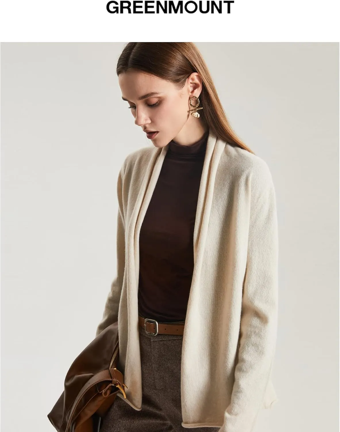 GreenMount Women's Cashmere Short Cardigan Long Sleeve Lightweight Recycled Cashmere Sweater for Women with Belt
