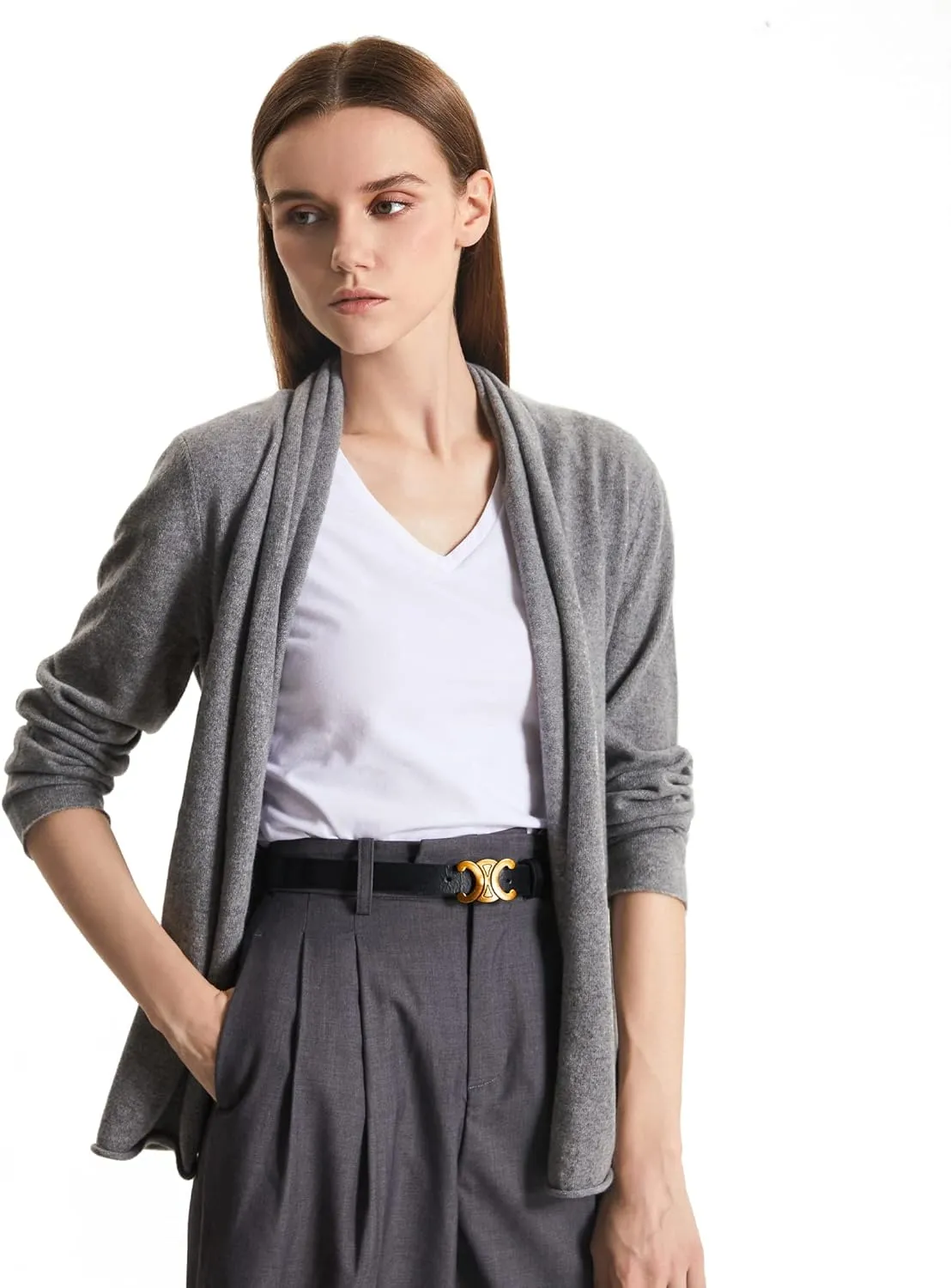 GreenMount Women's Cashmere Short Cardigan Long Sleeve Lightweight Recycled Cashmere Sweater for Women with Belt