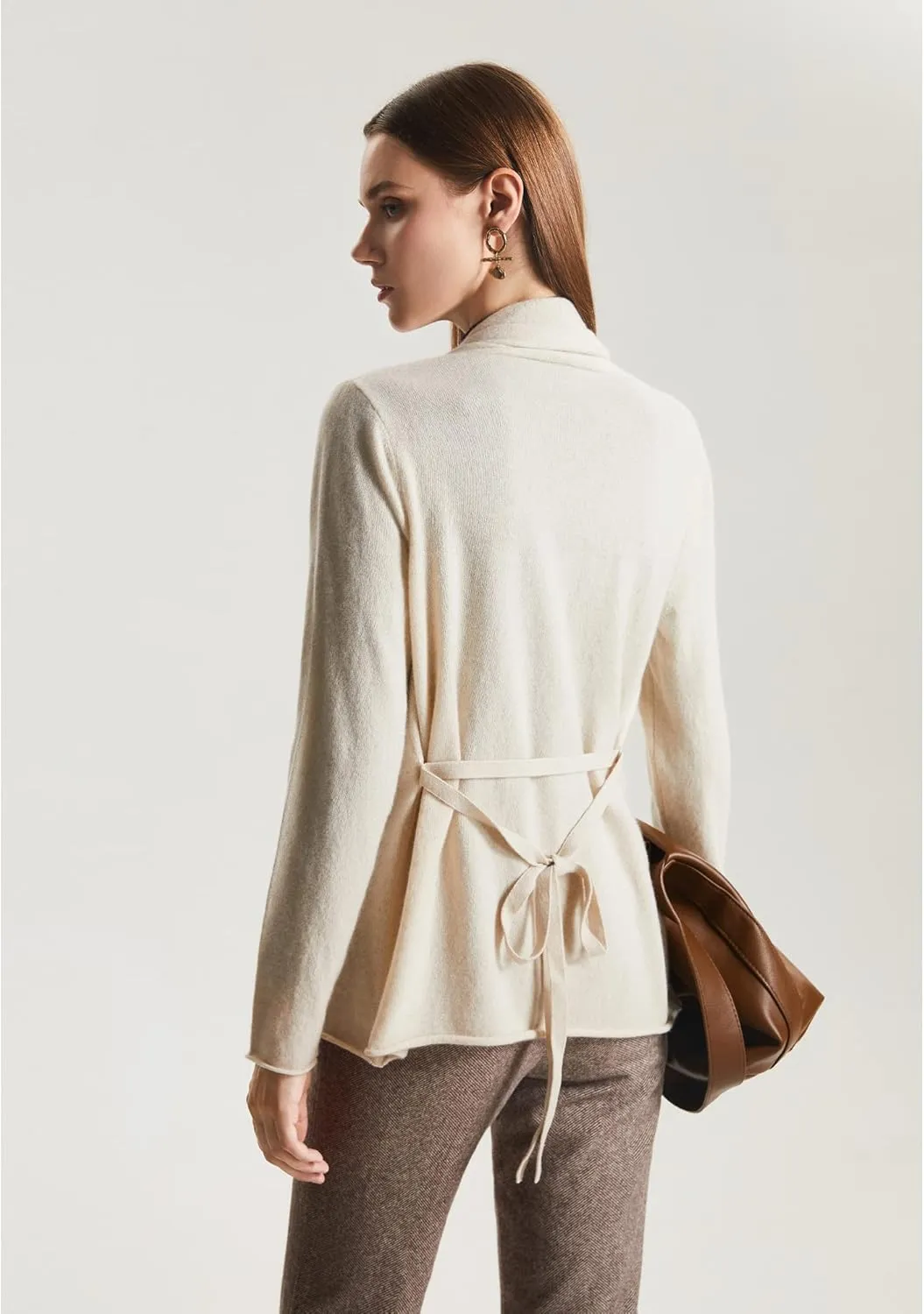 GreenMount Women's Cashmere Short Cardigan Long Sleeve Lightweight Recycled Cashmere Sweater for Women with Belt
