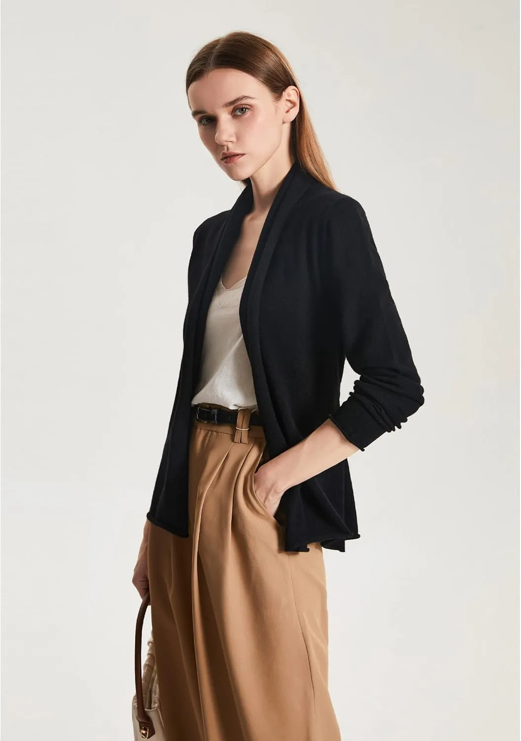 GreenMount Women's Cashmere Short Cardigan Long Sleeve Lightweight Recycled Cashmere Sweater for Women with Belt
