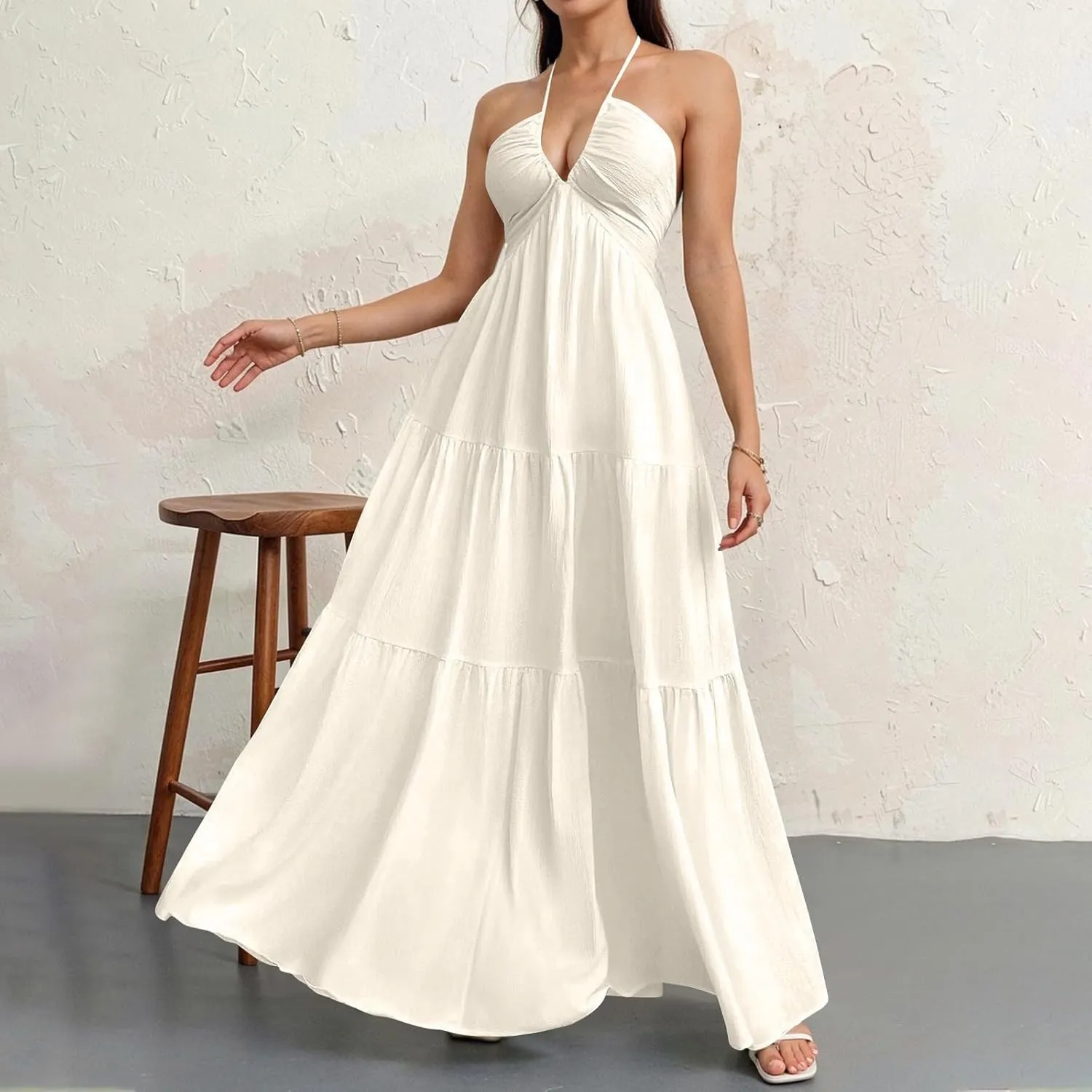 Halter Neck Dresses for Women 2025 Backless Deep V Neck Maxi Sundress a Line Empire Waist Spaghetti Strap Dress