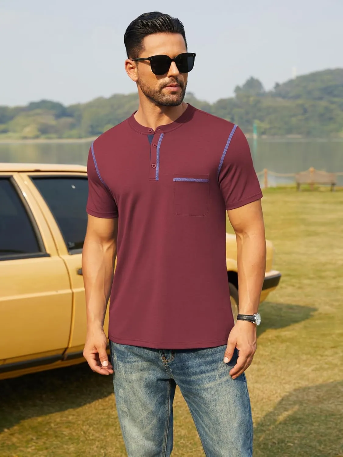 Hardaddy Men's Short Sleeve Henley Shirts Casual Summer Lightweight Button Henley Solid T-Shirt Tops