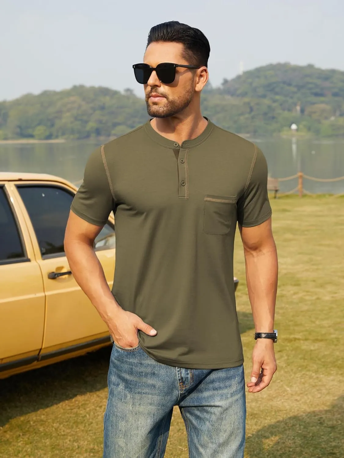 Hardaddy Men's Short Sleeve Henley Shirts Casual Summer Lightweight Button Henley Solid T-Shirt Tops