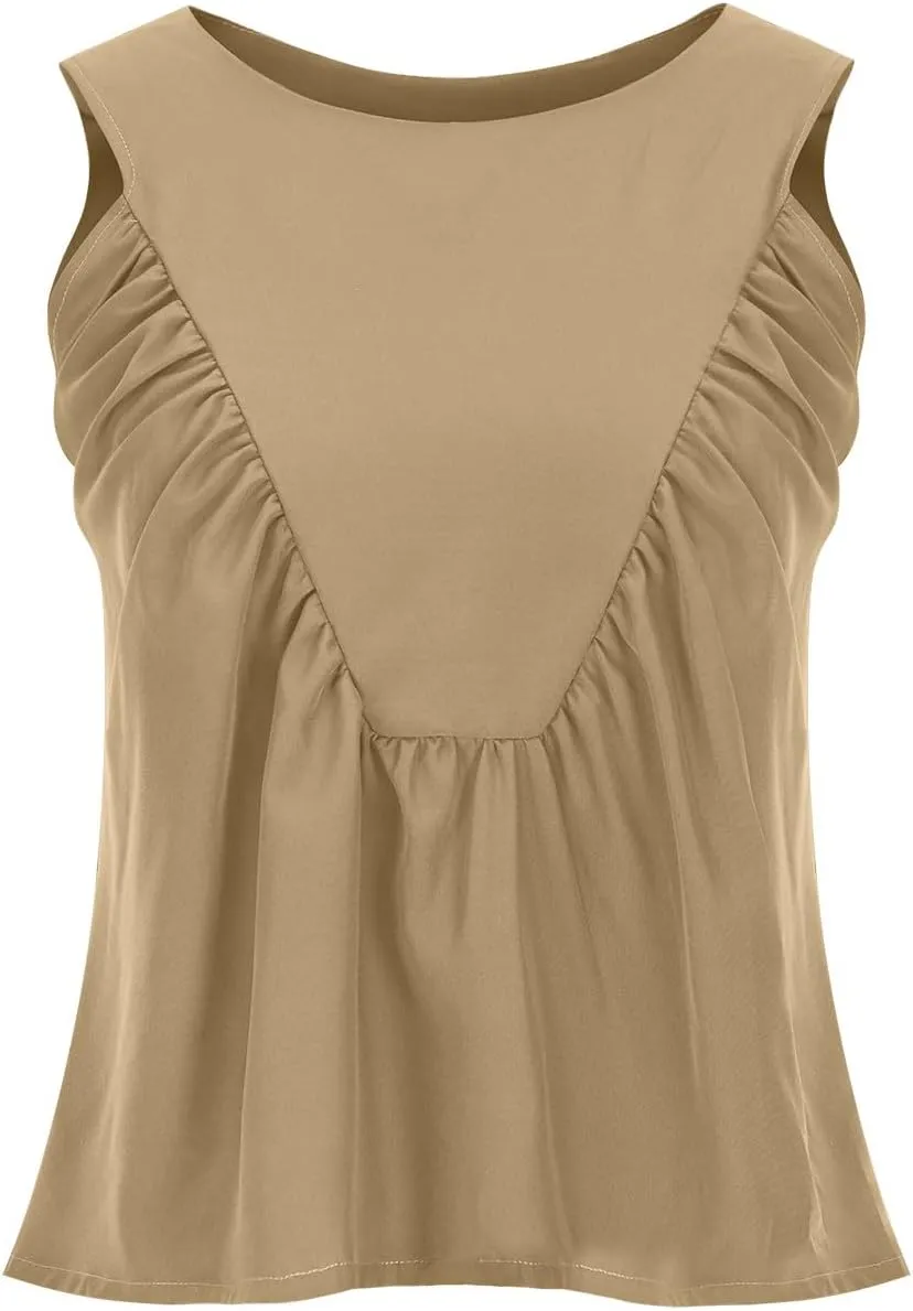HGps8w Cotton Linen Tank Tops for Women 2025 Summer Loose Fit Casual Pleated Crewneck Sleeveless Blouse Going Out Shirts
