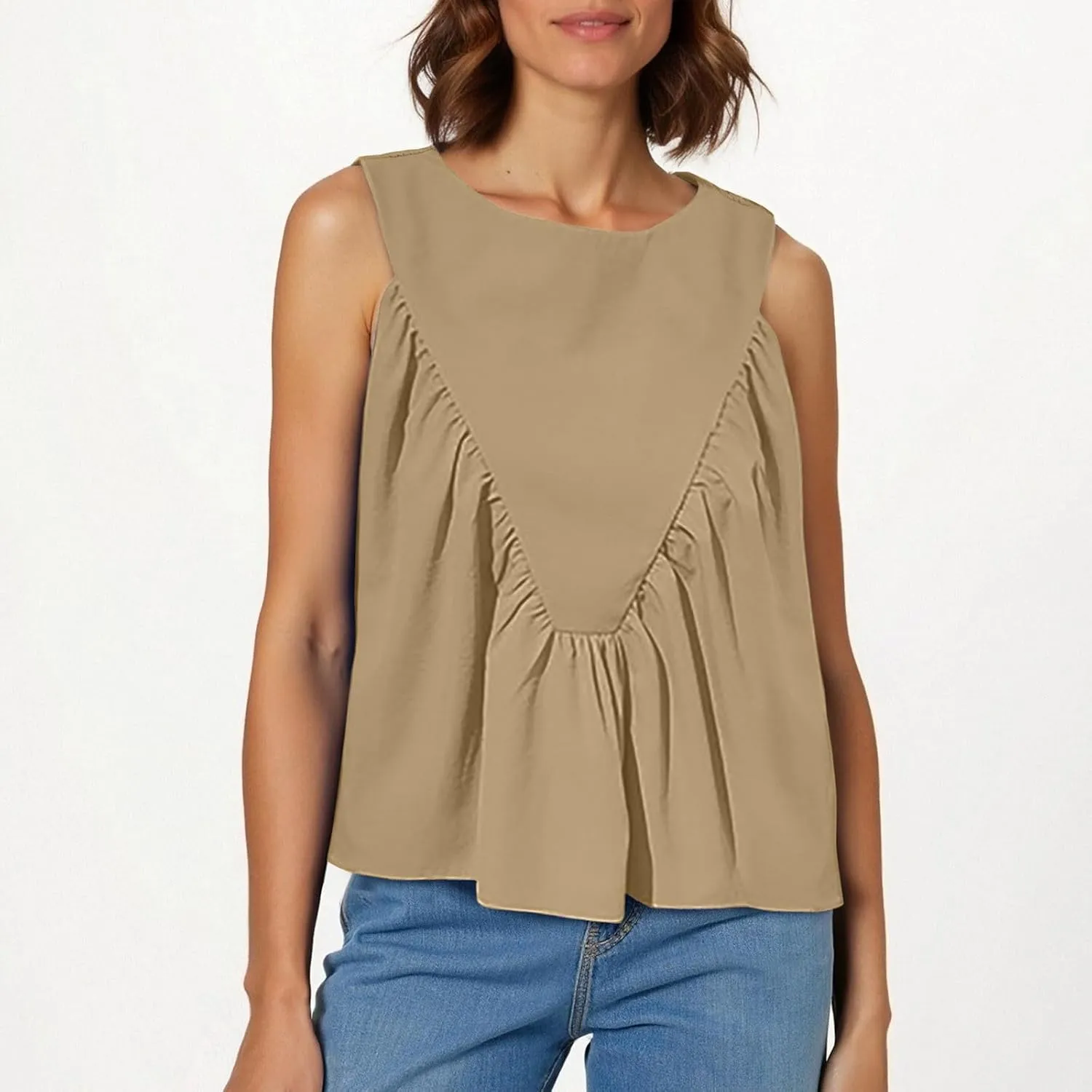 HGps8w Cotton Linen Tank Tops for Women 2025 Summer Loose Fit Casual Pleated Crewneck Sleeveless Blouse Going Out Shirts