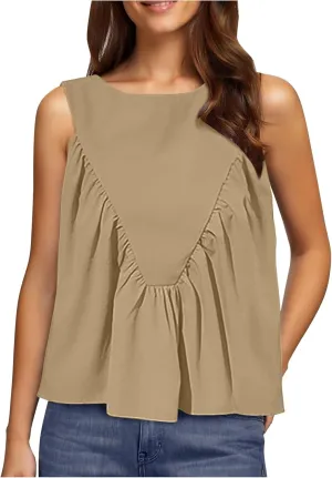 HGps8w Cotton Linen Tank Tops for Women 2025 Summer Loose Fit Casual Pleated Crewneck Sleeveless Blouse Going Out Shirts