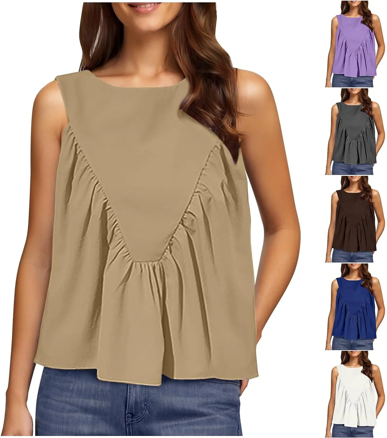 HGps8w Cotton Linen Tank Tops for Women 2025 Summer Loose Fit Casual Pleated Crewneck Sleeveless Blouse Going Out Shirts