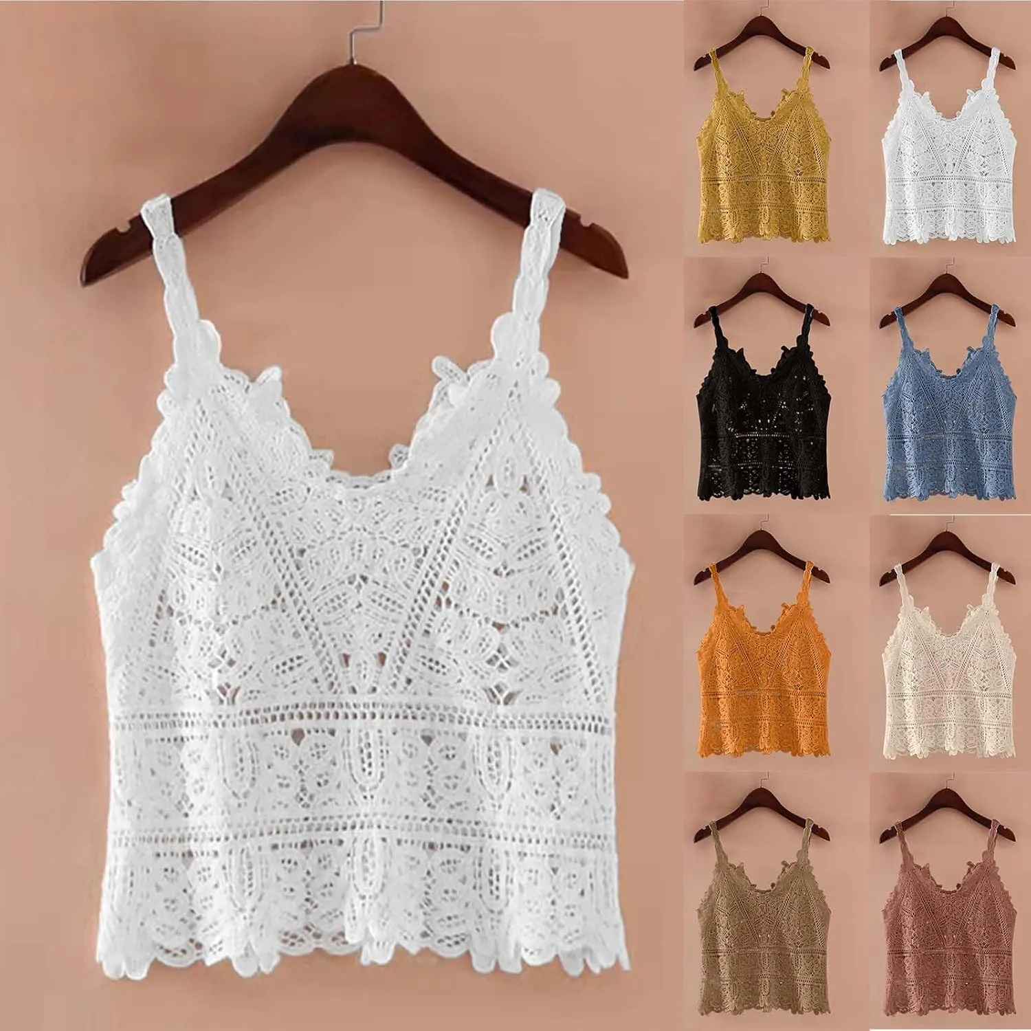 HGps8w Crochet Lace Cami Tank for Women Spaghetti Strap Knit Hollow V Neck Sweater Vest Crop Sexy Going Out Camisole Shirts