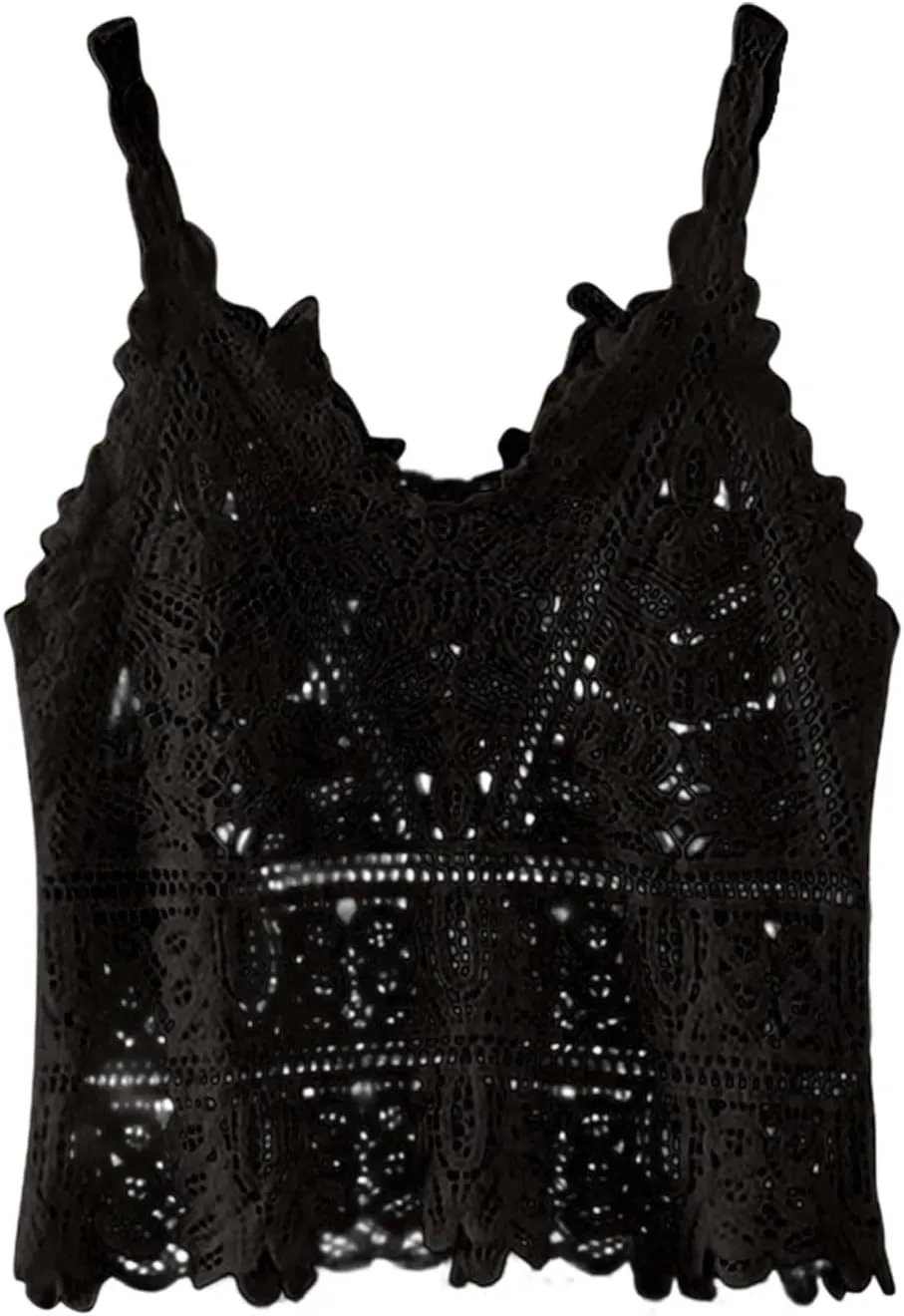 HGps8w Crochet Lace Cami Tank for Women Spaghetti Strap Knit Hollow V Neck Sweater Vest Crop Sexy Going Out Camisole Shirts