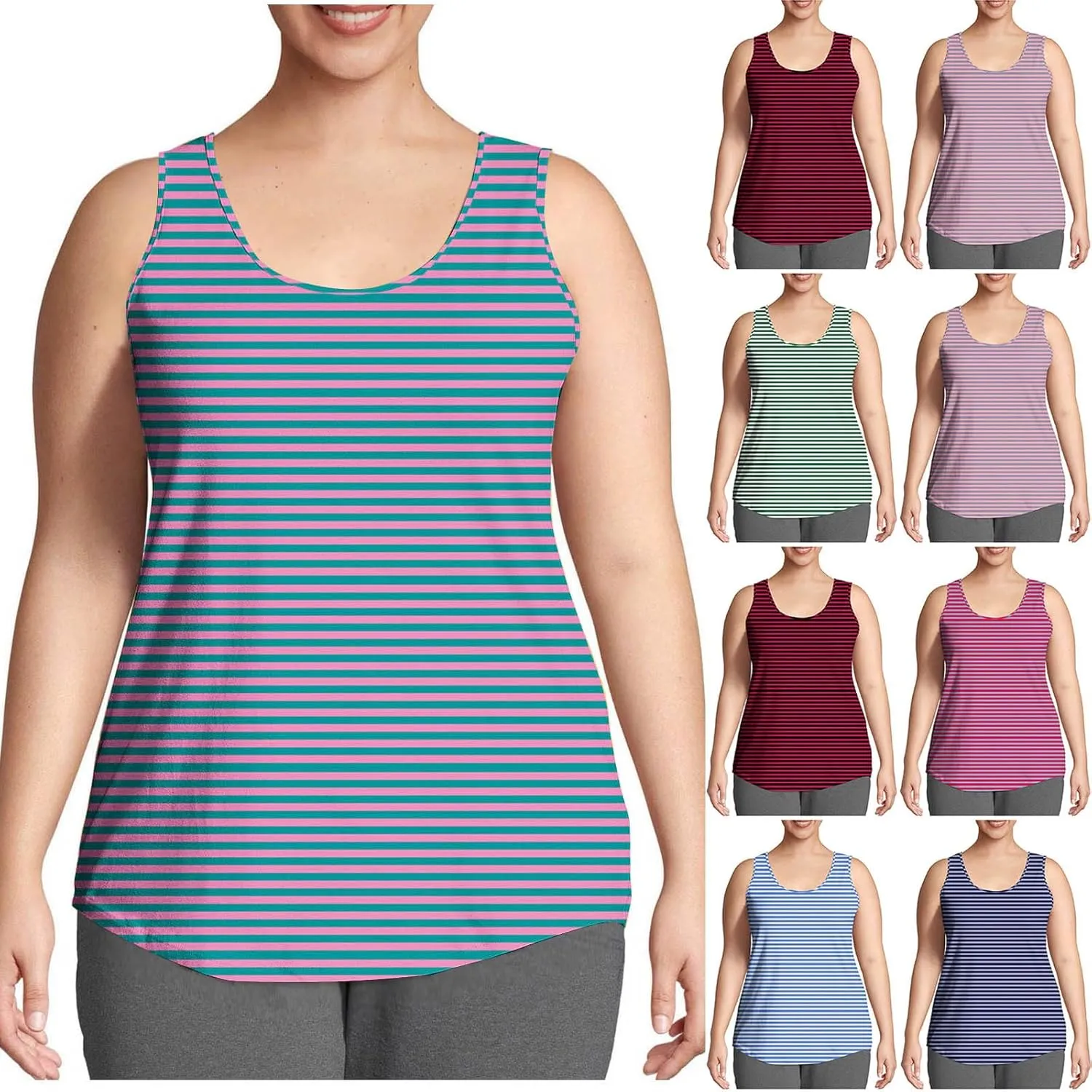 HGps8w Plus Size Casual Striped Tank Top for Women Trendy Summer Sleeveless Crewneck Loose Fit Going Out Tunic Tee Shirts