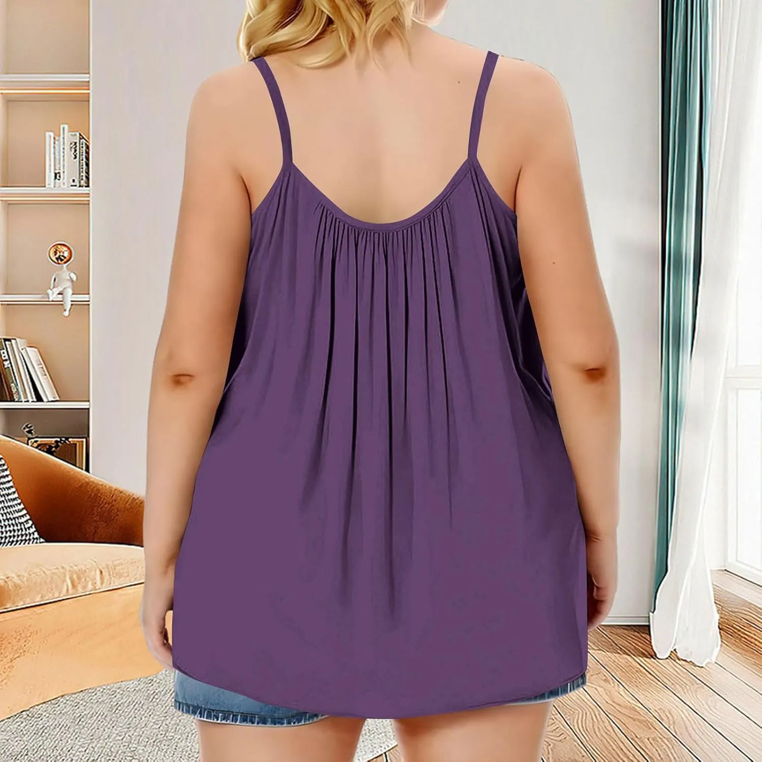 HGps8w Plus Size Tank Tops for Women Sleeveless 2025 Summer Loose Pleated Camisole Crew Neck Casual Tee Shirts Blouses