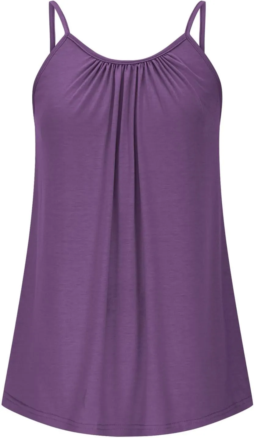 HGps8w Plus Size Tank Tops for Women Sleeveless 2025 Summer Loose Pleated Camisole Crew Neck Casual Tee Shirts Blouses