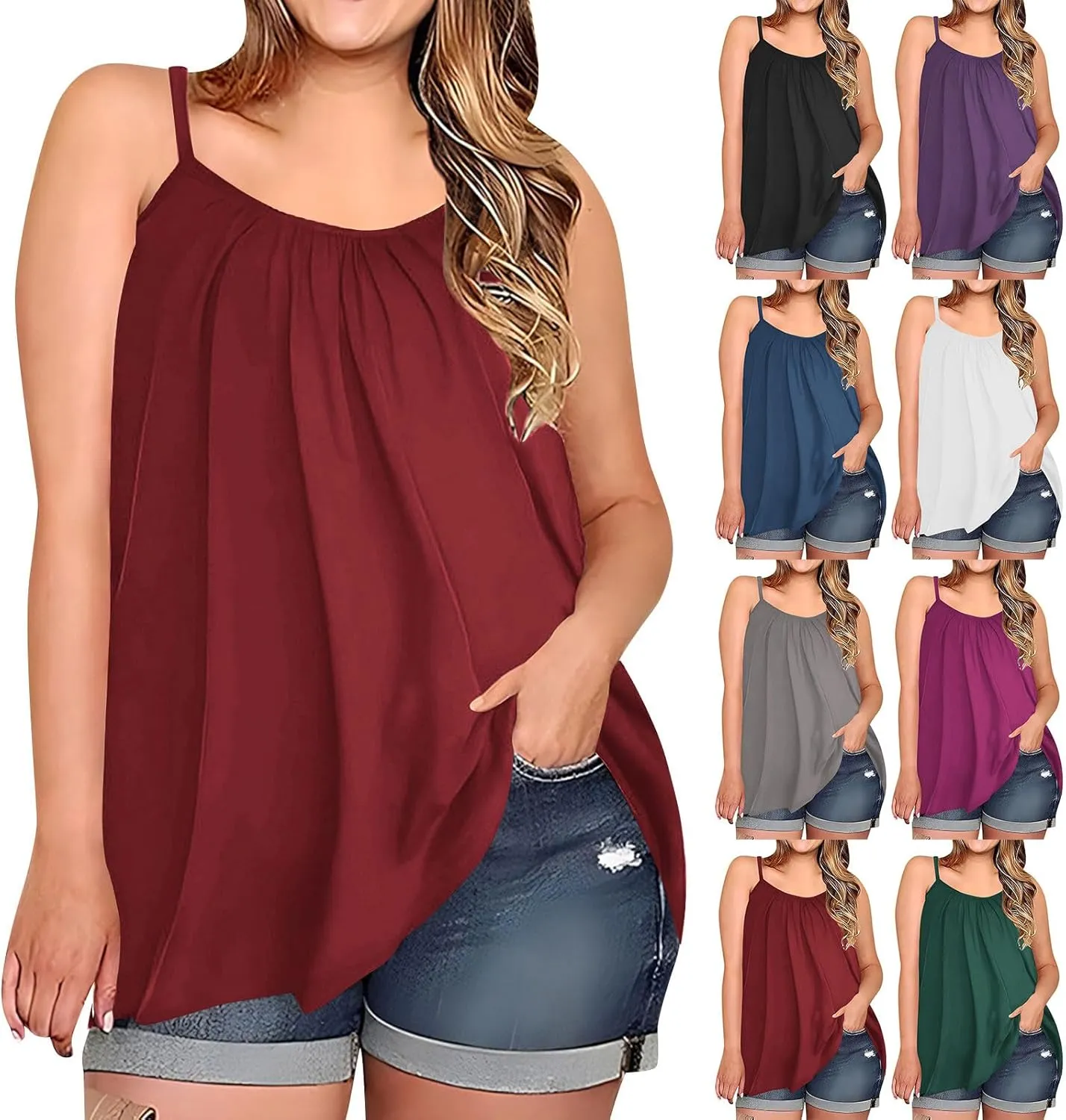 HGps8w Plus Size Tank Tops for Women Sleeveless 2025 Summer Loose Pleated Camisole Crew Neck Casual Tee Shirts Blouses
