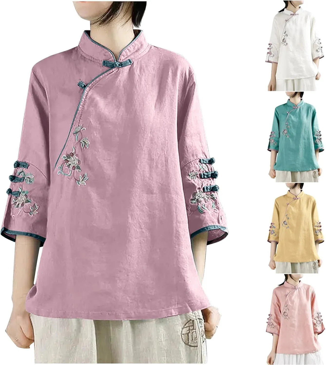 HGps8w Vintage Floral Embroidery Cotton Linen Tops for Women Chinese Frog Button 3/4 Sleeve Loose Casual Blouses Shirts