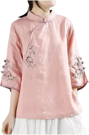 HGps8w Vintage Floral Embroidery Cotton Linen Tops for Women Chinese Frog Button 3/4 Sleeve Loose Casual Blouses Shirts