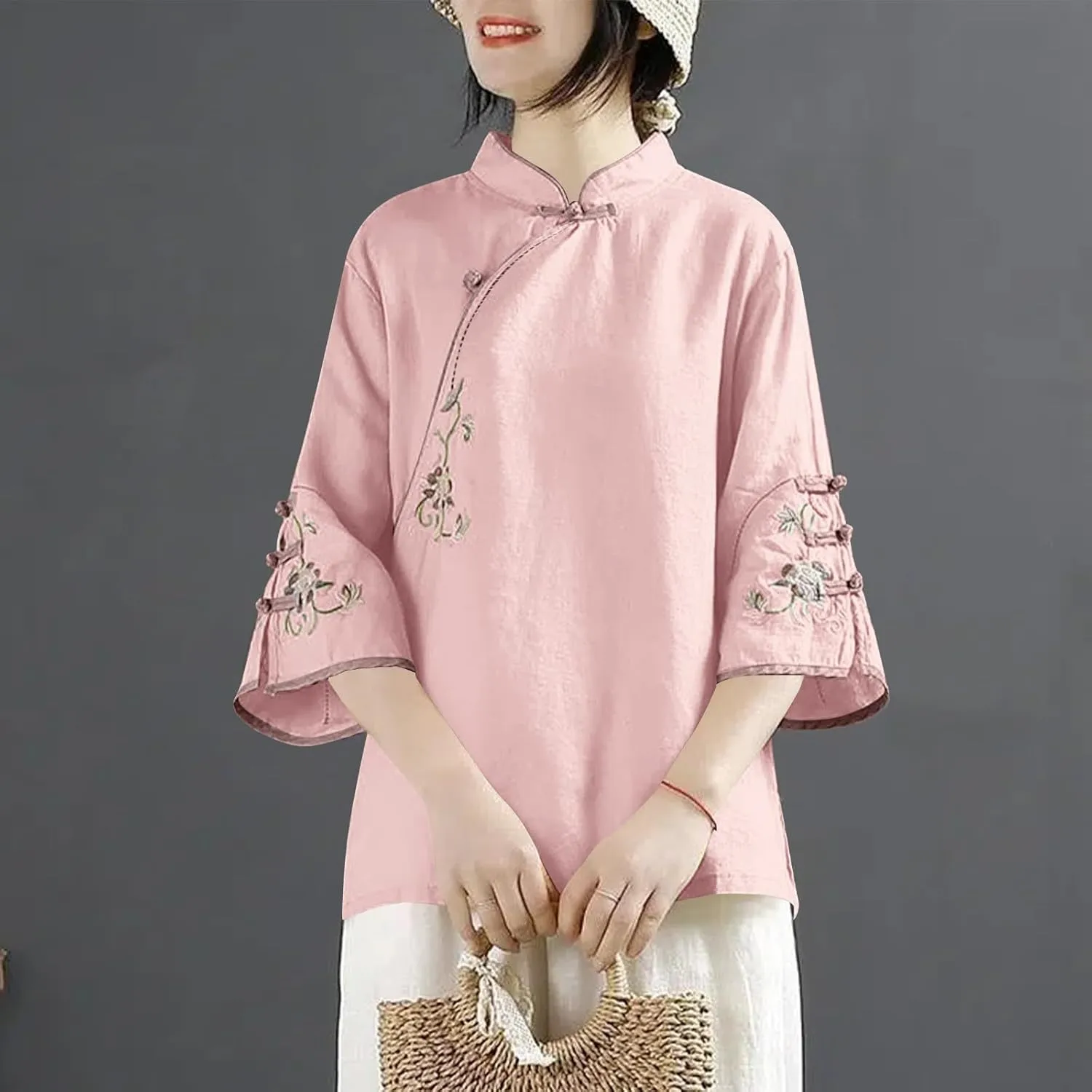 HGps8w Vintage Floral Embroidery Cotton Linen Tops for Women Chinese Frog Button 3/4 Sleeve Loose Casual Blouses Shirts