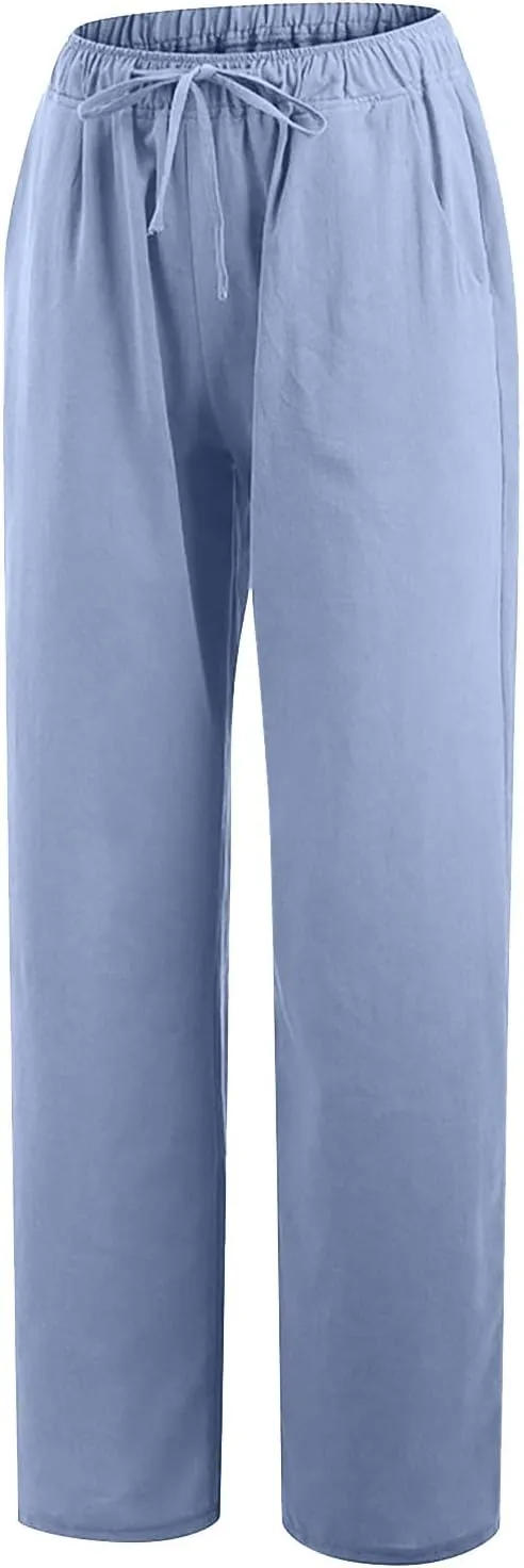 hlysgo Women's Summer Drawstring Waist Wide Leg Loose Cotton Linen Palazzo Pants 2025 Plus Size Ladies Casual Pants Trousers