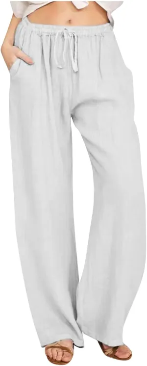 hlysgo Women's Summer Drawstring Waist Wide Leg Loose Cotton Linen Palazzo Pants 2025 Plus Size Ladies Casual Pants Trousers