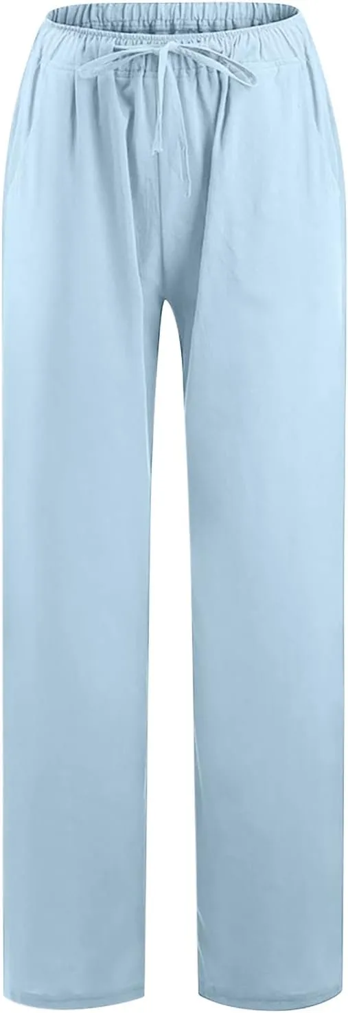 hlysgo Women's Summer Drawstring Waist Wide Leg Loose Cotton Linen Palazzo Pants 2025 Plus Size Ladies Casual Pants Trousers