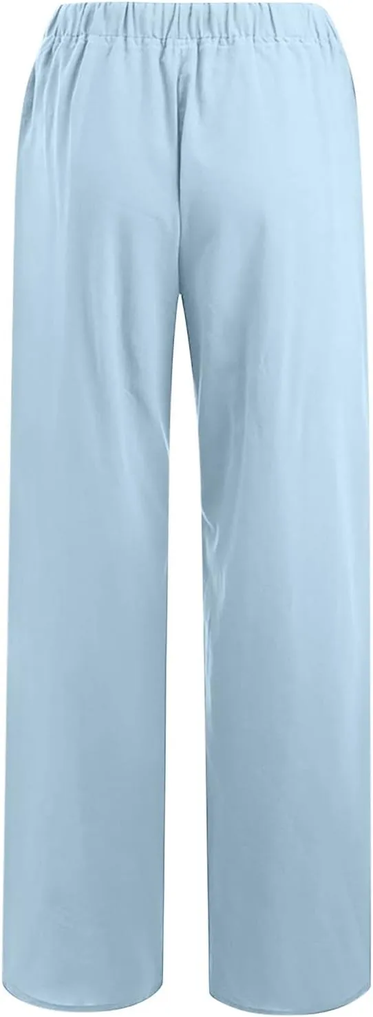 hlysgo Women's Summer Drawstring Waist Wide Leg Loose Cotton Linen Palazzo Pants 2025 Plus Size Ladies Casual Pants Trousers