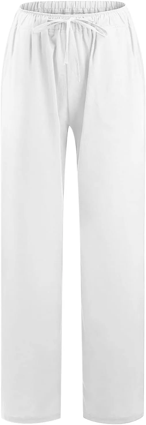 hlysgo Women's Summer Drawstring Waist Wide Leg Loose Cotton Linen Palazzo Pants 2025 Plus Size Ladies Casual Pants Trousers
