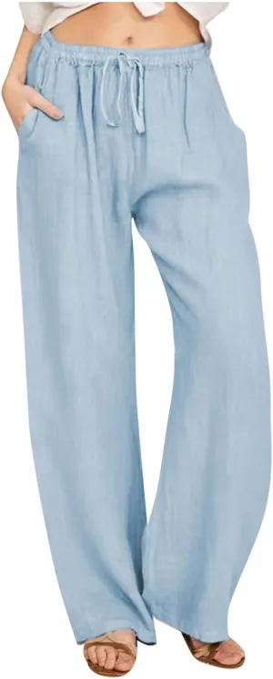 hlysgo Women's Summer Drawstring Waist Wide Leg Loose Cotton Linen Palazzo Pants 2025 Plus Size Ladies Casual Pants Trousers