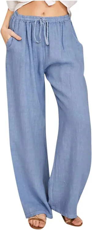 hlysgo Women's Summer Drawstring Waist Wide Leg Loose Cotton Linen Palazzo Pants 2025 Plus Size Ladies Casual Pants Trousers