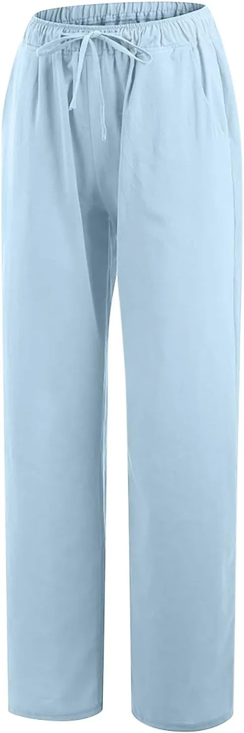 hlysgo Women's Summer Drawstring Waist Wide Leg Loose Cotton Linen Palazzo Pants 2025 Plus Size Ladies Casual Pants Trousers